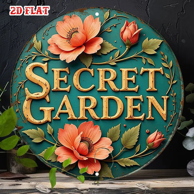 Potdemiel Secret Garden Rundes Aluminiumschild mit floralem Design in Orange und Grün, Rustikale Vintage-Metallwandkunst - Bild 1