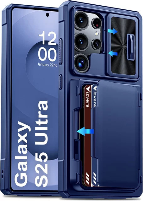 BANGZAO Handyhülle für Galaxy S25 Ultra mit Kartenhalter für 4 Karten, Kameraabdeckung und Ständer in Blau - Bild 1