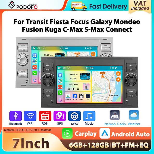 Podofo 7 Zoll Autoradio mit 6 GB RAM und 128 GB Speicher in Schwarz für Transit Fiesta Focus Galaxy Mondeo mit Carplay, Android Auto, WIFI und GPS-Navigation - Bild 1
