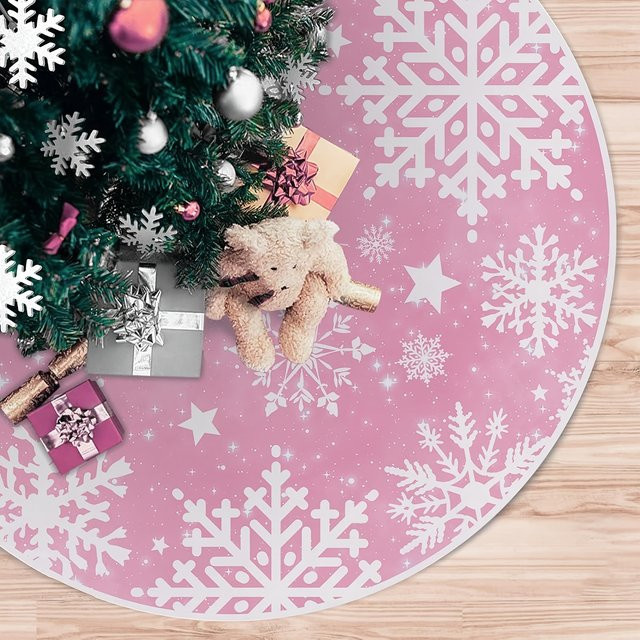 Runder Weihnachtsbaumrock von VIKAMA mit rosa Schneeflocken-Aufdruck in Pink - Bild 1