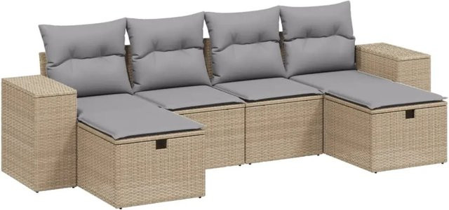 vidaXL 6-tlg Garten-Sofagarnitur in L-Form mit Polsterkissen und Ottoman, Beige, Poly Rattan und Metallgestell - Bild 1