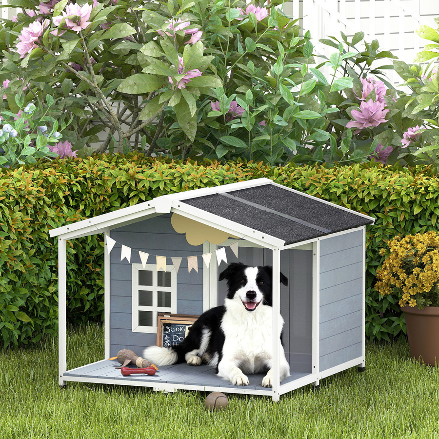 PawHut Hundehütte aus Holz in Grau mit aufklappbarem Asphaltdach und Terrasse, wetterfestes Outdoor-Hundehaus für mittelgroße Hunde, B/T/H: 103 x 107 x 83,5 cm, Marke Aosom - Bild 2