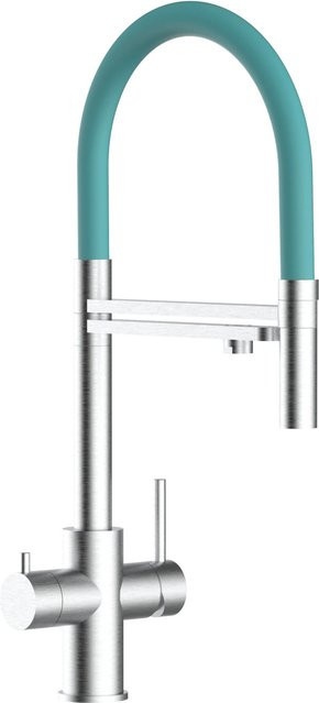 VIZIO Küchenarmatur aus Edelstahl mit 5-Wege-Wasserhahn, 360° schwenkbarem Auslauf und abnehmbarer 2-Strahl-Handbrause, gebürstet, Türkis/Silber - Bild 1
