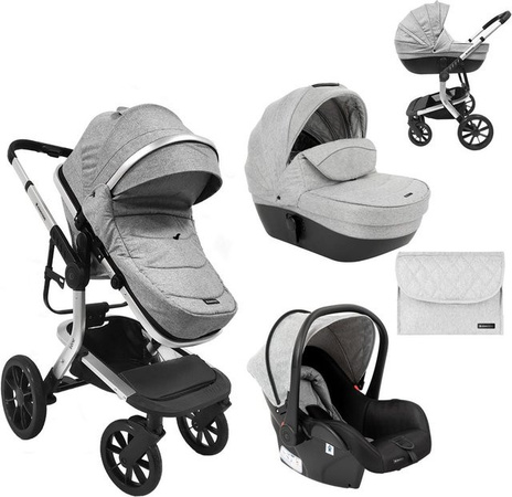 Kikkaboo Kombikinderwagen Irene 3 in 1 mit Babywanne, Autositz, Adapter und Wickeltasche in Grau/Hellgrau