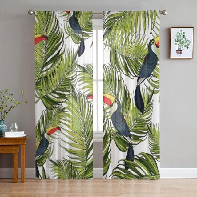 Transparenter Voile-Vorhang von Super Six mit Tukan- und Palmenmotiv in Weiß, Breite: 135 cm, Höhe: 114 cm - Bild 1