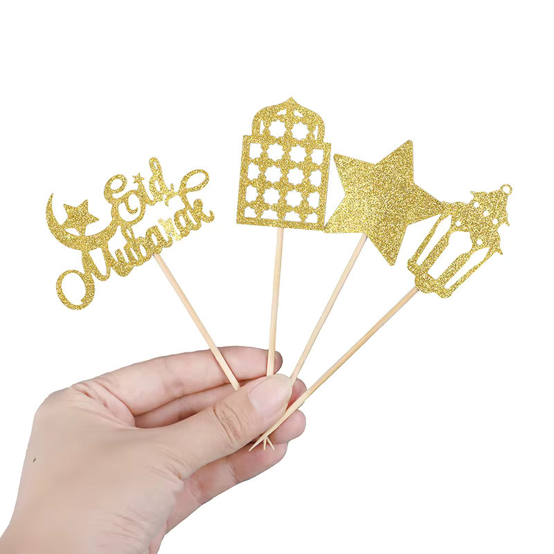 ZQNYCY Eid Mubarak Cupcake Topper mit Mond, Sternen und Laternen für Ramadan und islamische Partys, Gold und Multicolour - Bild 2