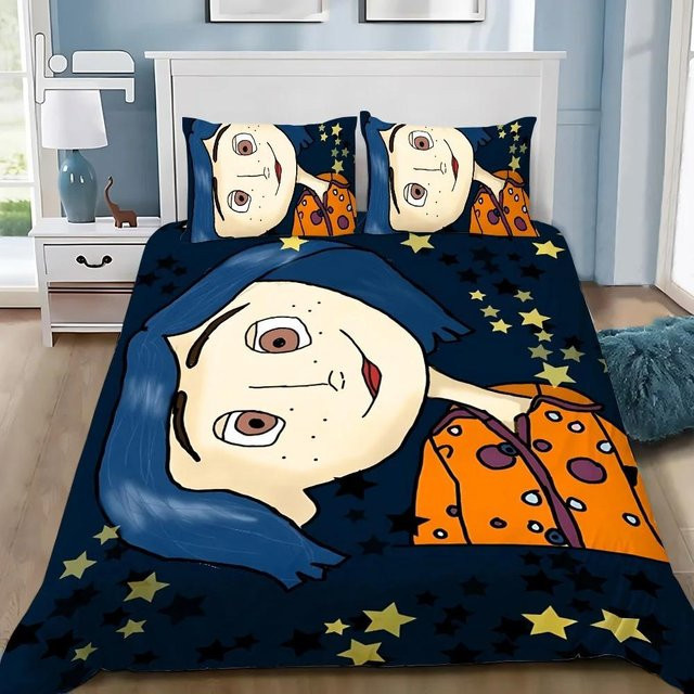 Bettwäscheset mit Horrorfilm-Motiv Coraline, blaues Microfaser-Bettwäscheset bestehend aus Bettbezug und Kissenbezug für Kinder und Jugendliche, B/H: 228 x 264 cm - Bild 1