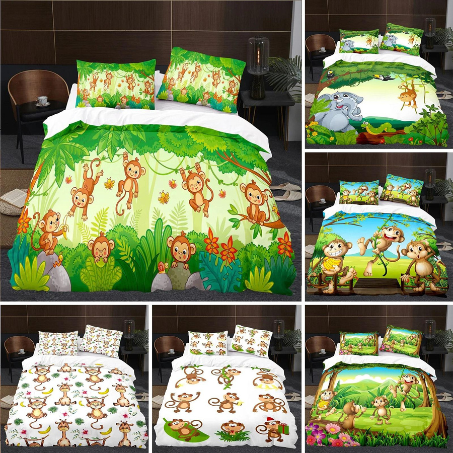 Kinderbettwäsche-Set mit Affe-Cartoon-Motiv, bestehend aus Bettdecke und Kissenbezug, B/T: 133 x 70 cm - Bild 1