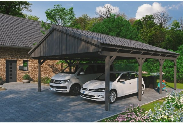 Skan Holz Carport Fichtelberg aus Fichte Leimholz in Grau mit Dachziegeln B/T: 618 x 808 cm, Höhe: 362 cm - Bild 1
