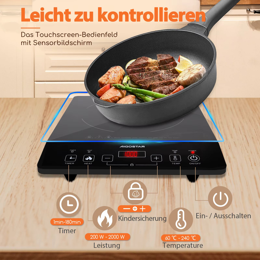 Aigostar Induktionskochfeld in Schwarz mit 2000 W, Touch-Steuerung, 10 Leistungsstufen, 10 Temperatureinstellungen, LED-Digitalanzeige und 3-Stunden-Timer - Bild 4