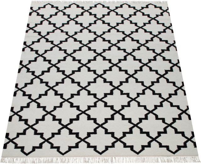 Handgewebter Wollteppich Kenolia in Weiß mit orientalischem marokkanischem Muster, B/T: 140 x 200 cm - Bild 1