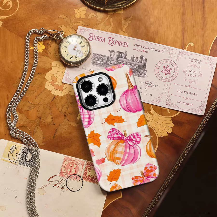 Potdemiel Handyhülle mit rosa Kürbis Plaid Design für iPhone 11 bis iPhone 16 Pro Max Plus in Pink - Bild 2
