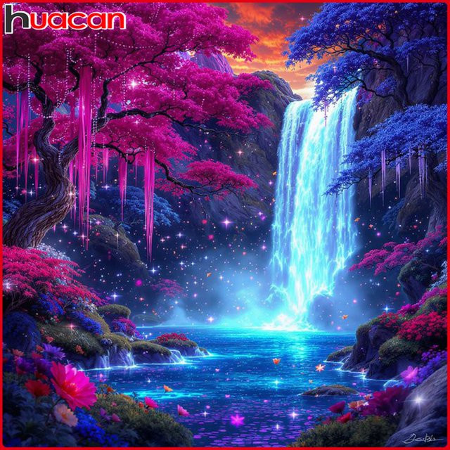 Huacan 5D-Diamantgemälde zum Selbermachen mit Baum und Wasserfall als Landschafts-Mosaik in Mehrfarben - Bild 1
