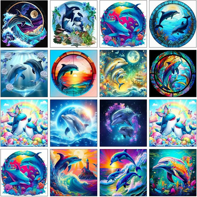 Azqsd Diamond Painting Set Delphin Motiv in Multicolour, 5D Mosaik Stickerei mit Strasssteinen auf Leinwand, B/H: 30 x 30 cm - Bild 1