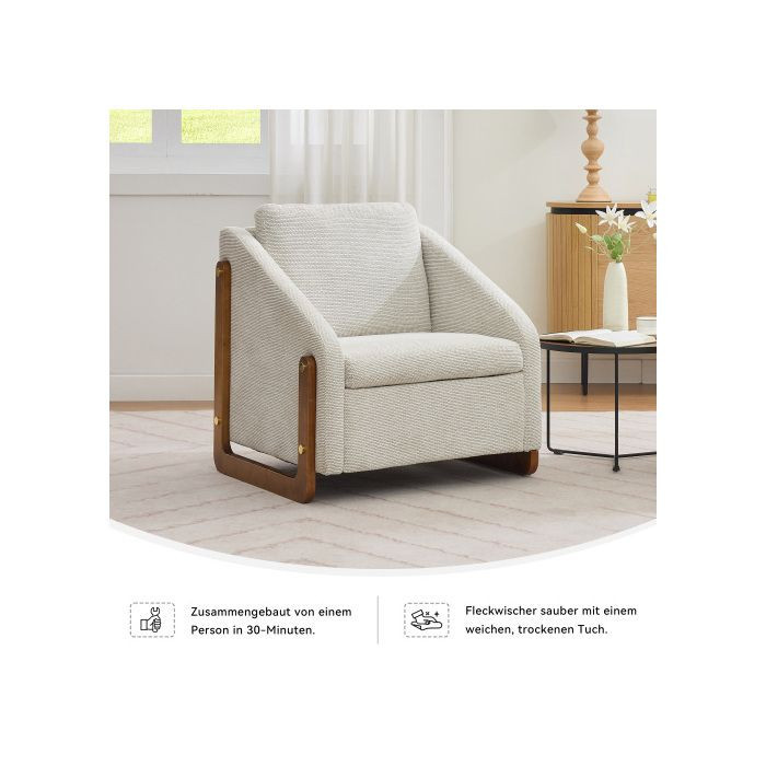 MUVOE Beistellsessel in Beige aus Chenille-Samtstoff mit Holzgestell und Armlehnen, moderner Liegesessel im skandinavischen Design - Bild 2