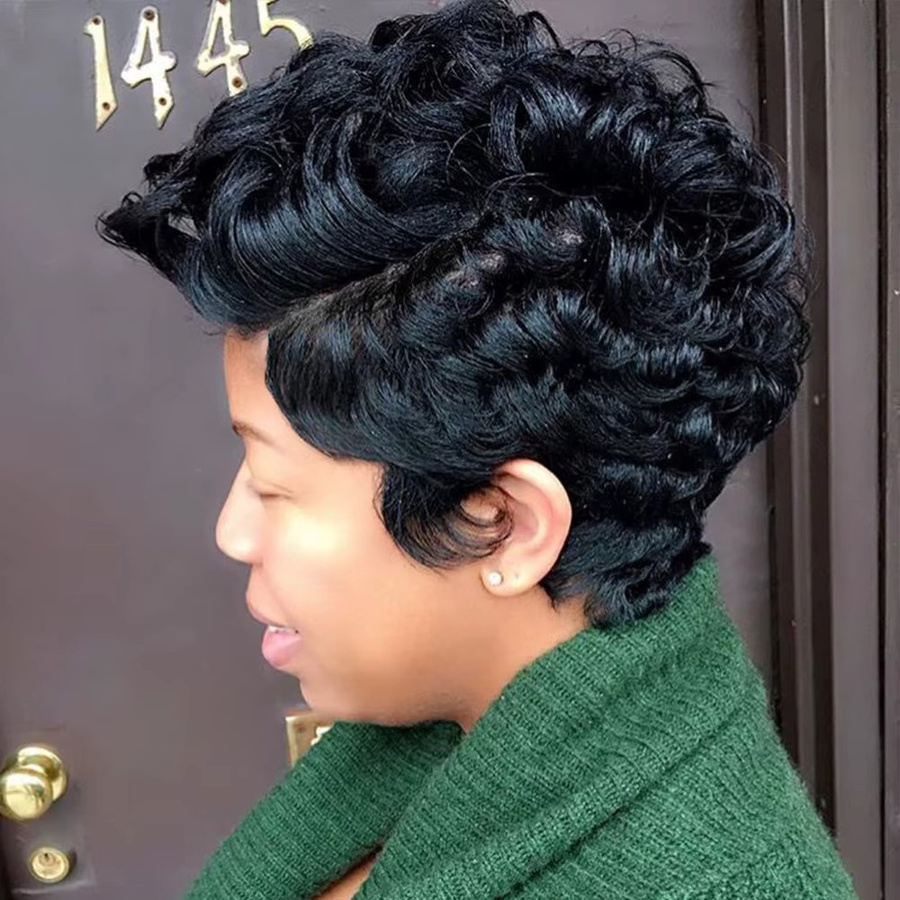 OYM HAIR Remy-Echthaar Perücke, lockig, Pixie-Schnitt, Damen - Bild 2