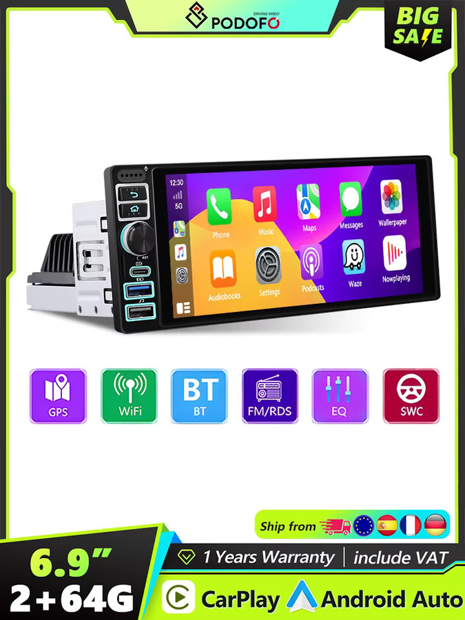 Podofo Android 6,9 Zoll 1 DIN Auto-Multimediaplayer mit CarPlay, Android Auto, GPS-Navigation und Mirror Link in Schwarz - Bild 3