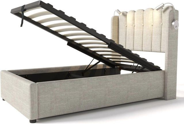 Merax Polsterbett mit Stauraum und integriertem Leselicht in Beige, B/T/H: 90 x 200 x 32 cm - Bild 1