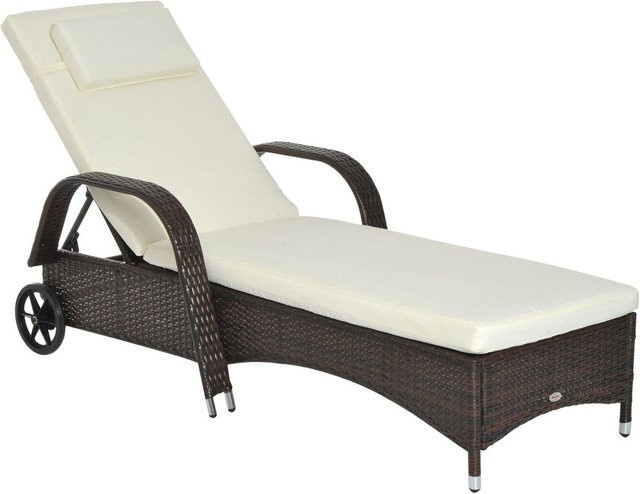 Outsunny Gartenliege aus Polyrattan und Metall mit Rollen und Kissen, Braun/Beige, B/H/L: 73 x 30-103 x 200 cm - Bild 1