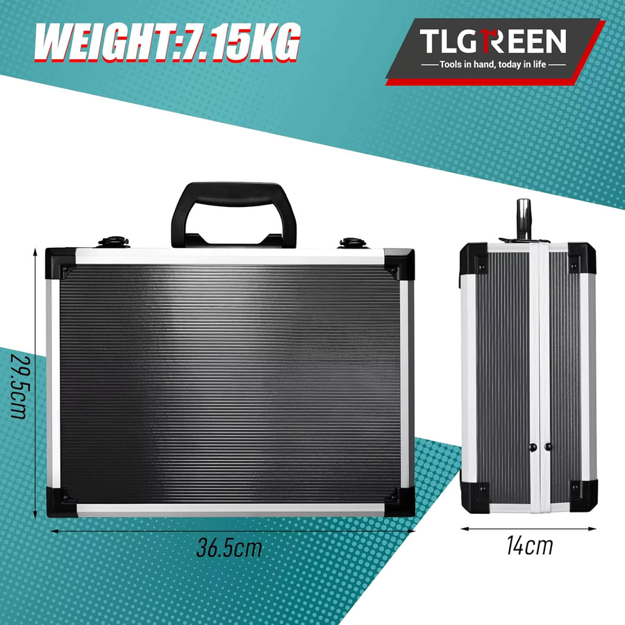 TLGREEN Aluminium-Werkzeugkasten in Silber mit 122-teiligem Profi-Werkzeugsatz für Autoreparatur und Werkstatt inklusive Schraubenschlüssel, Steckschlüsseln, Hammer und Zangen - Bild 5
