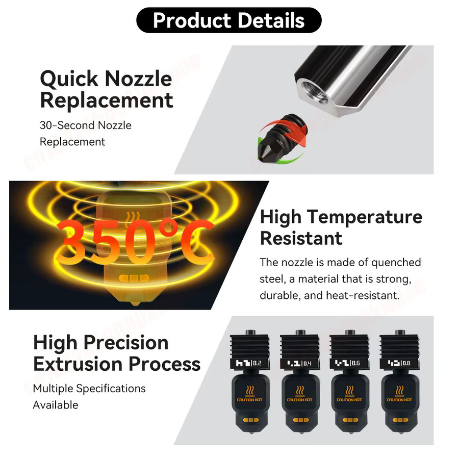 P2S Hotend für Bambu Lab Quick Swap Extruder, Druckkopf aus gehärtetem Stahl, Standard Flow, Düsenstärken 0,2 mm, 0,4 mm, 0,6 mm und 0,8 mm, Schwarz - Bild 2