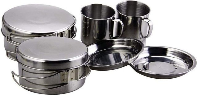 LISM Camping Kochgeschirr Set aus Edelstahl in Silber, 8-teiliges Mess Kit mit Kochtopf und Pfanne für Outdoor, Wandern und Rucksackreisen - Bild 1