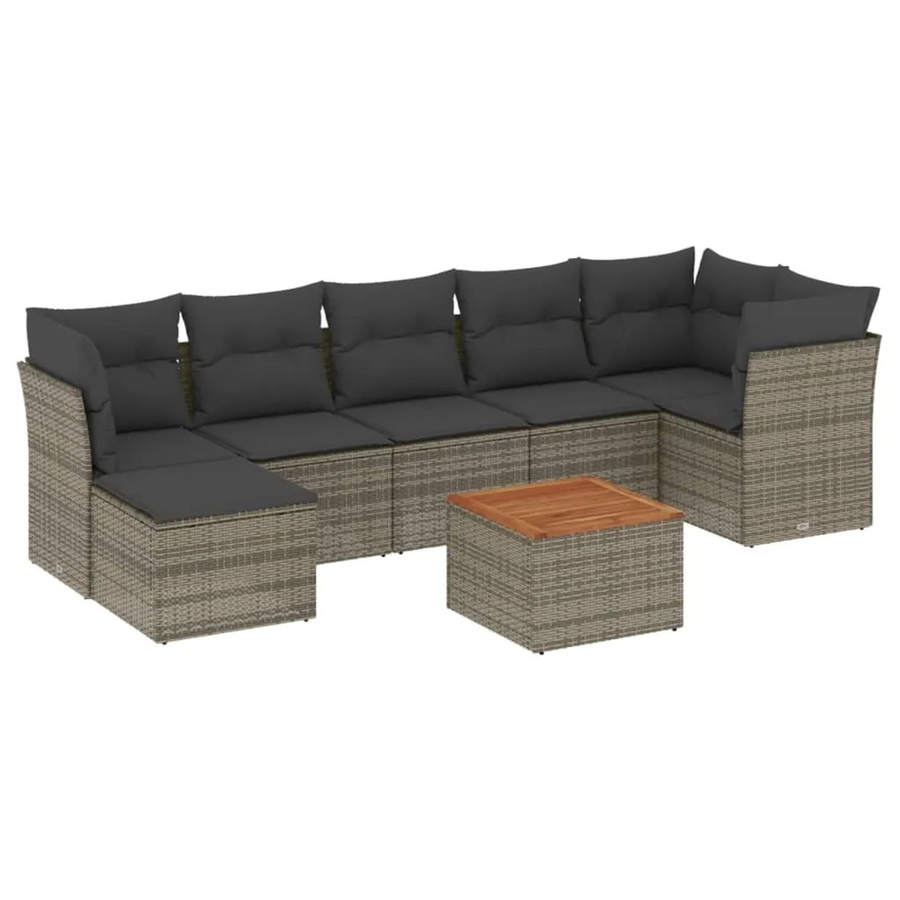 vidaXL 8-tlg Garten-Sofagarnitur in L-Form aus Polyrattan und Akazienholz in Grau mit Kissen - Bild 2