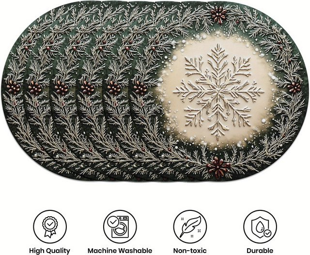 VIKAMA 6er Set Weihnachts-Tischsets mit Kiefernzweig und Schneeflocken für deine festliche Tischdekoration - Bild 1