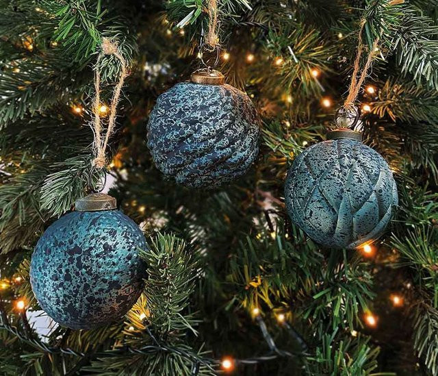 3er Set Christbaumkugeln in Zapfen-Optik aus Echtglas in Petrol - Bild 1