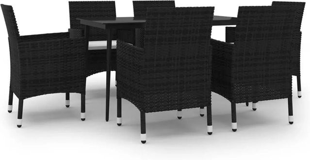 vidaXL 7-teilige Garten-Essgruppe aus Poly Rattan und Glas in Schwarz-Weiß mit wetterfesten Auflagen - Bild 1