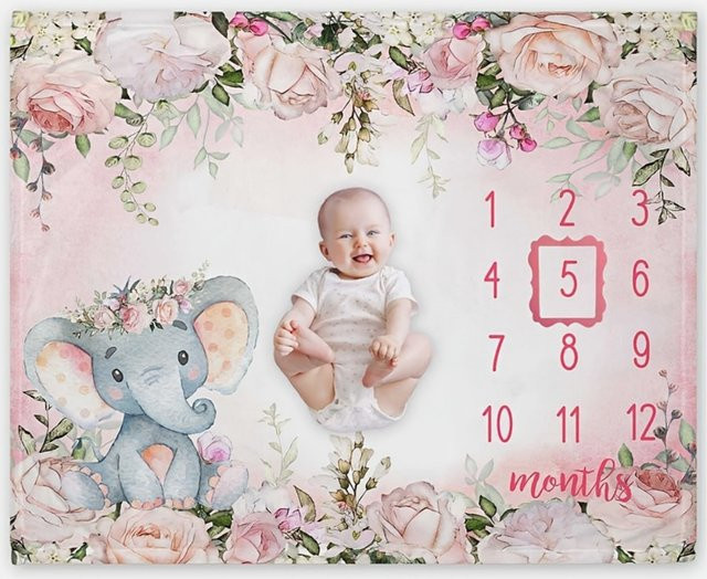 VIKAMA Baby-Fotografie-Decke mit Elefanten- und Blumenmuster in Multicolour für Neugeborene und Meilenstein-Feiern, B/T: 150 x 100 cm - Bild 1