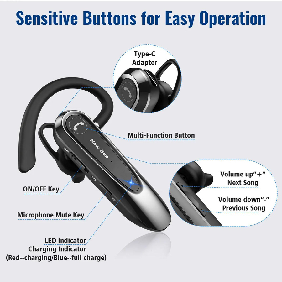 New Bee Business-Kopfhörer kabelloser In-Ear-Kopfhörer mit Bluetooth 5.0 und Dual-Mikrofon CVC 8.0 in Schwarz - Bild 6