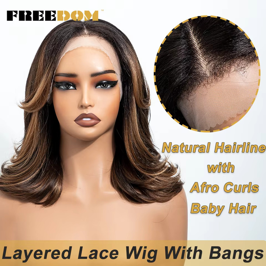 FREEDOM Synthetische Lace-Front-Perücke, 14 Zoll Bob mit Pony, Ombre-Braun-Highlight, Damen - Bild 3