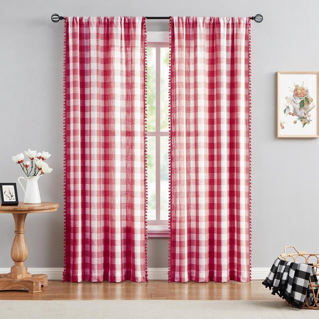 2er-Set Kugelvorhänge mit Karomuster in Rot, halbtransparent, modern, B: 101 cm, H: 213 cm - Bild 1