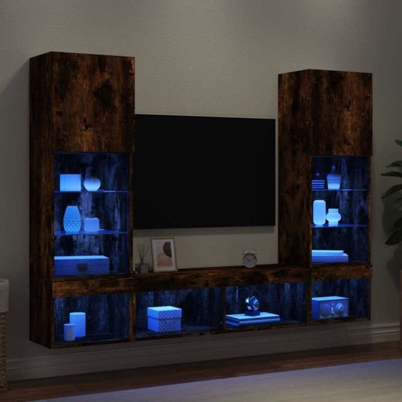 Vidaxl 5-tlg. Wohnwand im Industrial Design mit LED-Beleuchtung aus Holzwerkstoff und Glas in Braun und Grau - Bild 1