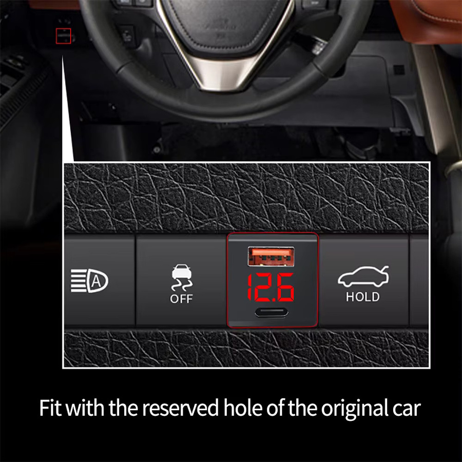 WYMECT USB-C Auto Schnellladegerät mit Dual Ports QC PD und digitaler Spannungsanzeige für Mini Toyota, Schwarz - Bild 3