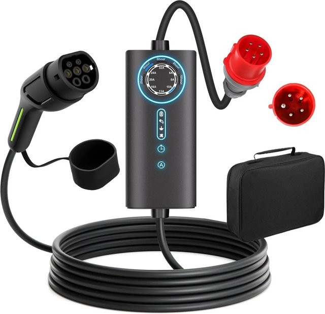 Junsun Typ 2 EV-Ladegerät 22kW mit 8m Kabel in Schwarz, 3-phasig mit flexibler Stromanpassung 6-32A inklusive Tasche - Bild 1