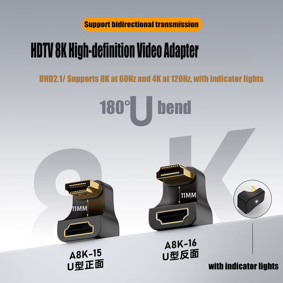 360 Grad abgewinkelter U-förmiger HDMI L-Konverter als Mini-HD-Stecker auf HDMI-Buchse mit 8K 4K 5K 3D UHD 60Hz Unterstützung in Schwarz - Bild 1