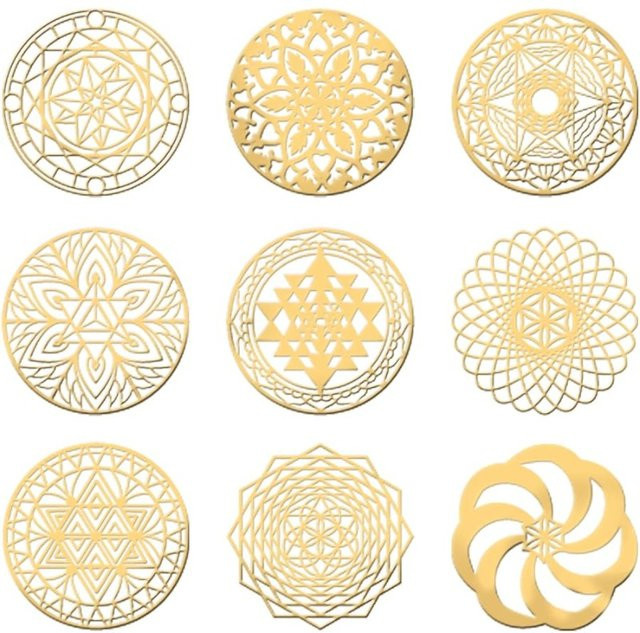 9 Stück Heilige Geometrie Aufkleber aus Gold Metall für DIY Harz Handwerk und Orgon Energietürme - Bild 1
