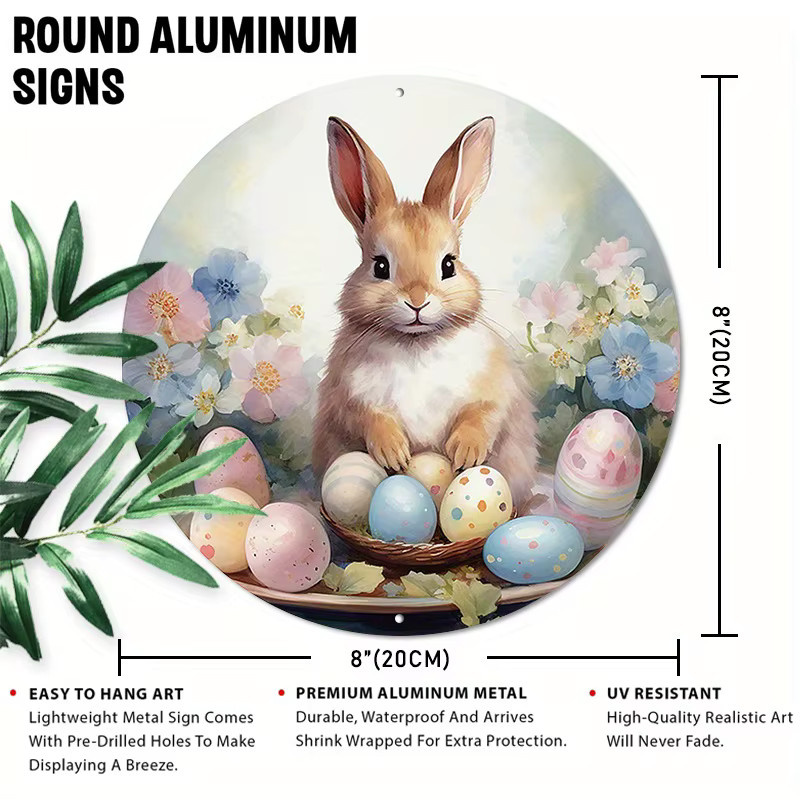 CIFBUY Rundes Metallschild Vintage Osterhase mit Blumen und Eiern als Frühlings-Wanddekoration in Mehrfarbig - Bild 3