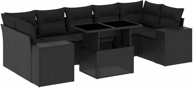 vidaXL 8-teilige Garten-Sofagarnitur in L-Form aus schwarzem Poly-Rattan mit Kissen und pulverbeschichtetem Stahlgestell - Bild 1