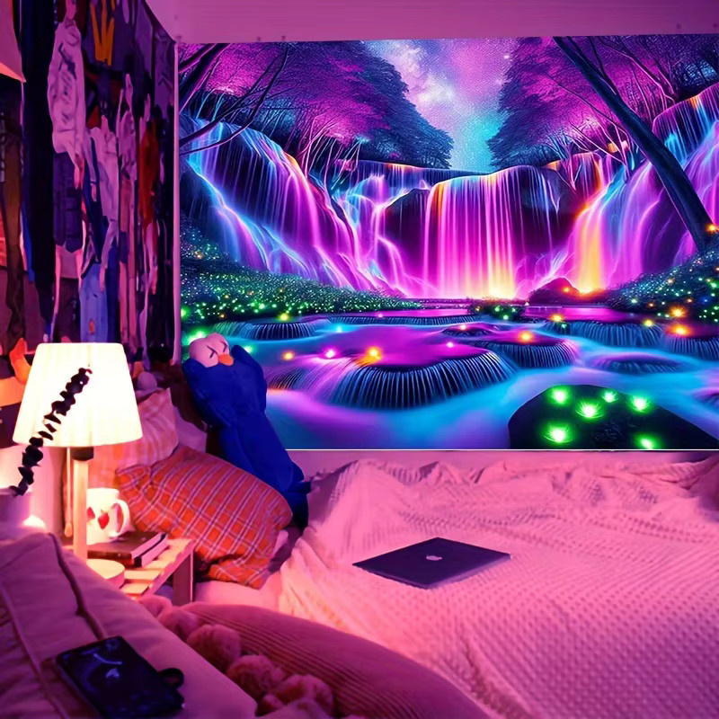 VIKAMA Fantasy-Wasserfall Wandteppich in Grün und Multicolour mit Naturmotiv für dein Wohnzimmer - Bild 2