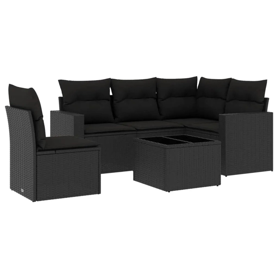 vidaXL 6-tlg Garten-Sofagarnitur aus Poly-Rattan mit Kissen und Glastisch in Schwarz - Bild 2