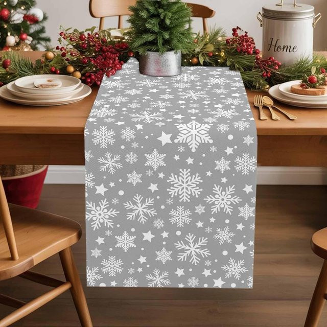 JMG Household Supplies Tischläufer aus Leinen mit Schneeflocken-Design in Grau, Breite: 33 cm, Länge: 150 cm - Bild 1