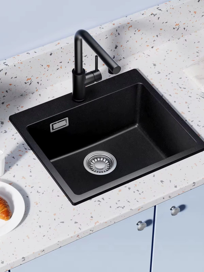 CECIPA MAX Granit-Spülbecken Schwarz B: 50 cm, T: 45 cm, H: 18,5 cm mit Siphon, Überlauf und schwarzer Auszieharmatur mit 2 Wasserstrahl-Arten - Bild 6
