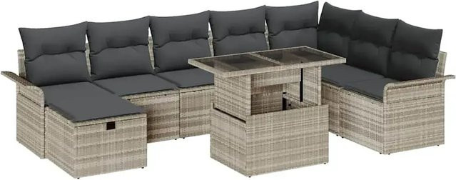 vidaXL Garten-Sofa-Set aus Polyrattan in Hellgrau, 9-teiliges L-Shape Lounge-Set mit Kissen für Terrasse und Garten - Bild 1