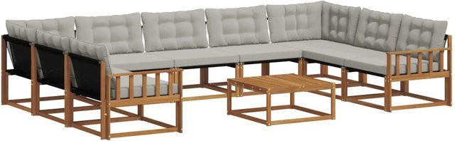 vidaXL Outdoor-Sofagarnitur in U-Form aus massivem Akazienholz mit Textilene und Kissen, 10-teiliges Set, Natur und Hellgrau - Bild 1
