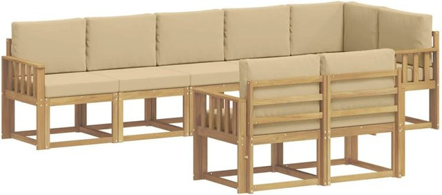 vidaXL Outdoor-Sofagarnitur in L-Form aus Akazienholz mit 8-teiligem Set, Weiß und Beige - Bild 1