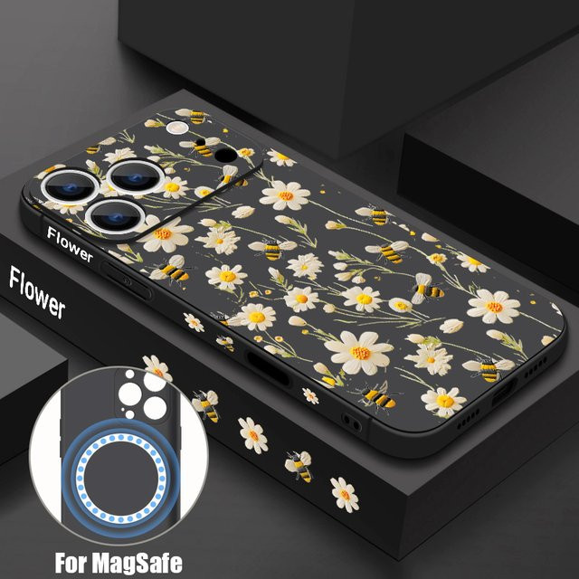 YISHANGOU Handyhülle mit Honeybee Flowers Pattern für iPhone 12 bis 17 Pro Max, magnetisch für MagSafe, Soft TPU Cover, Schwarz - Bild 1