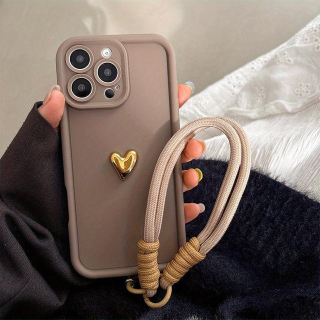 Market-5 iPhone Hülle mit 3D Goldenem Liebesherz und Handgelenkband in Gold und Beige - Bild 1
